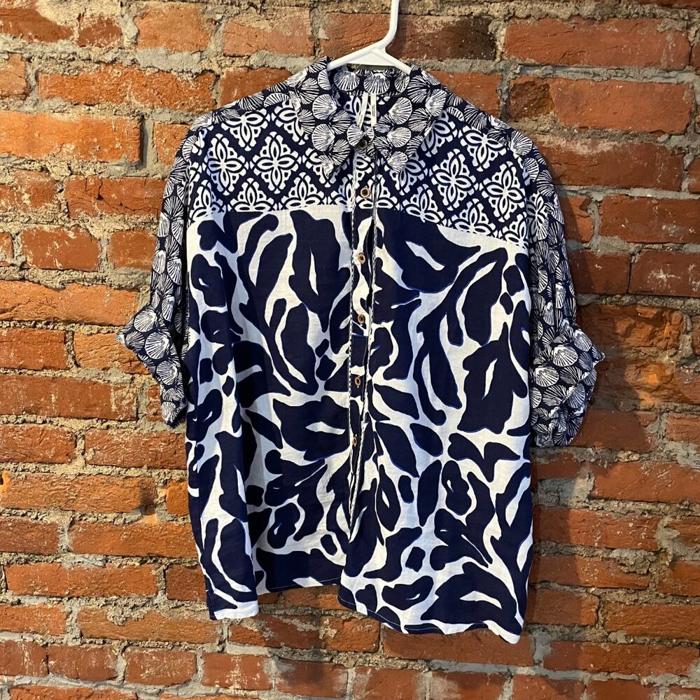 Anthropologie Short-Sleeve Beachy Printed Linen Buttondown Shirt Small - Picture 7 of 11